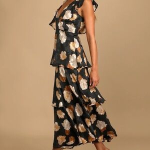 LuLus Black Burnout Floral Tiered Maxi Dress
